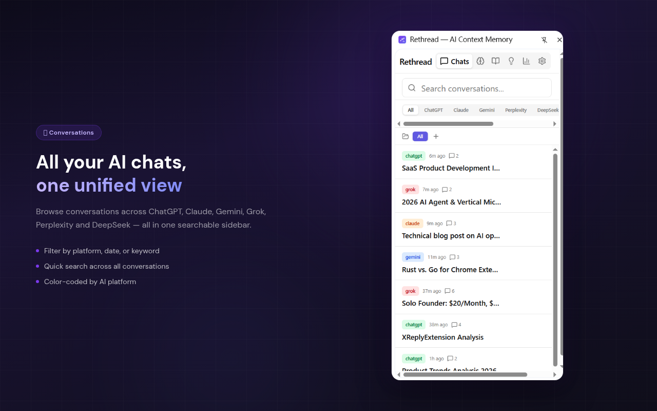 Unified Rethread conversation list across six AI platforms