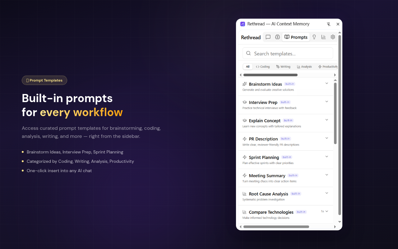 Rethread prompt template library for coding, writing, analysis and productivity