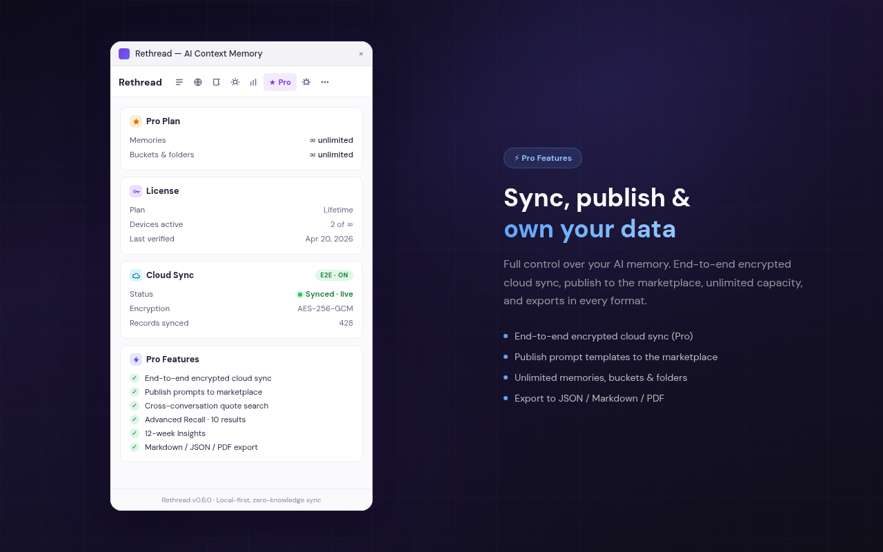 Rethread Pro settings showing end-to-end encrypted cloud sync